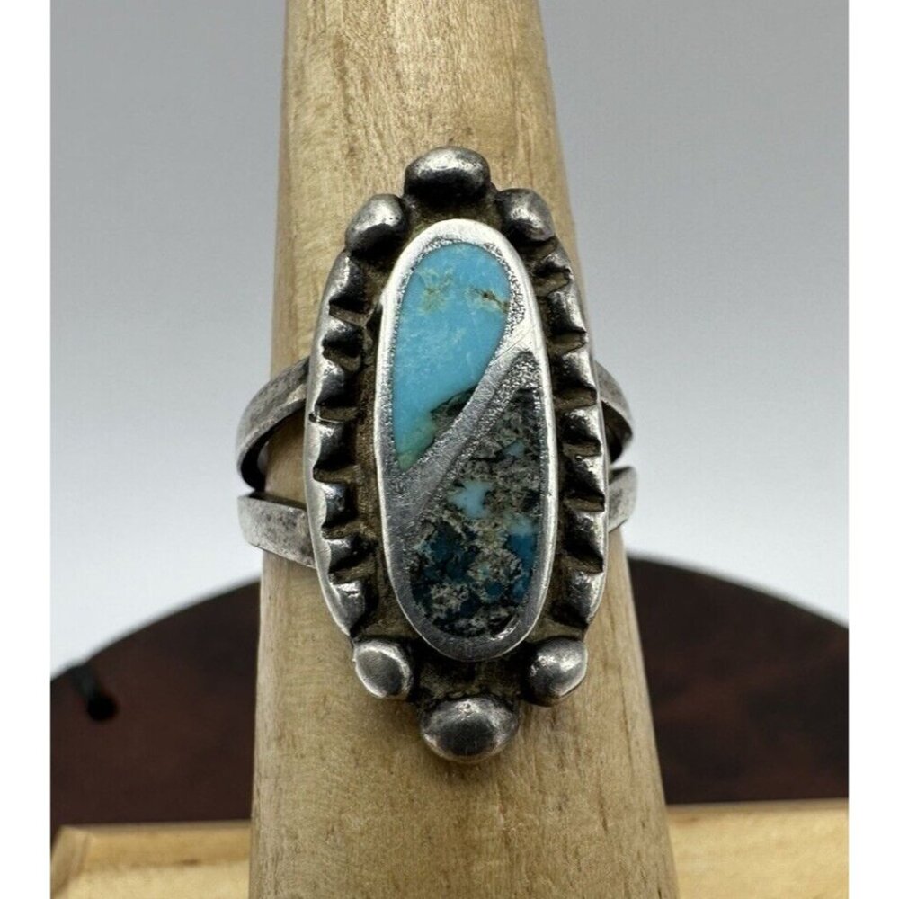 Old Pawn Zuni Inlayed Turquoise Oval Ring Size 5 Etched Band Unmarked